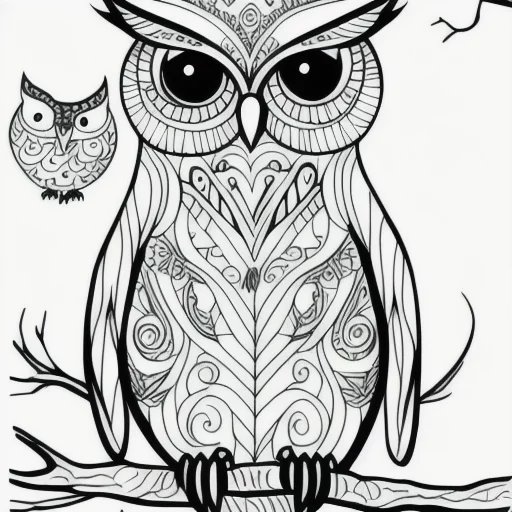 3513690808-hand drawn owl on a tree (coloring page), fine lines, black and white.webp